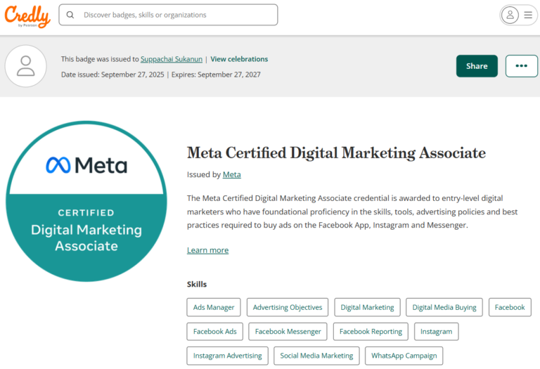 The Meta Certified Digital Marketing Associate credential is awarded to entry-level digital marketers who have foundational proficiency in the skills, tools,