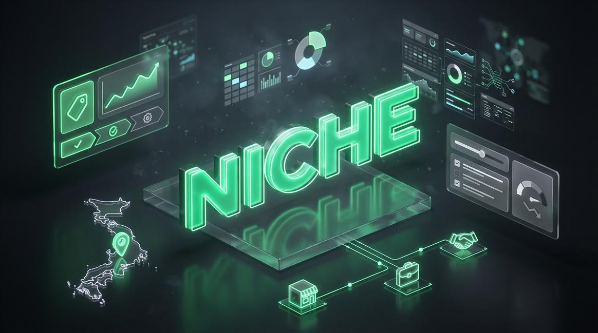 image 11 ภาพ 3D สไตล์ไฮเทคพื้นหลังสีดำ ข้อความ 3D สีเขียวนีออนคำว่า NICHE เด่นกลางภาพ รายล้อมด้วยแดชบอร์ด กราฟ และไอคอนธุรกิจ เปรียบเทียบกลยุทธ์ง่ายและคุ้มกับสเปก พร้อมแผนที่ญี่ปุ่นแบบโฮโลกราฟิก เหมาะสำหรับ SME ไทย โทน DigitalD2M