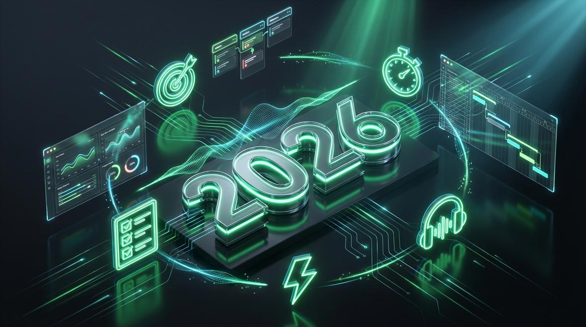 ภาพ 3D isometric สไตล์ Unreal Engine พื้นหลังดำพรีเมียม แสดงตัวเลข 2026 สีเขียวนีออน (#05e580) แบบ 3D อยู่กลางภาพ รายล้อมด้วยแดชบอร์ด กราฟ ไทม์ไลน์ และไอคอน 5 ชิ้น สื่อถึง Flow State และการทำงานทันเดดไลน์ โทนแบรนด์ DigitalD2M