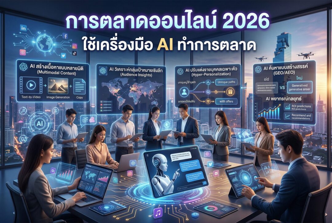 การตลาดออนไลน์, เครื่องมือ AI, ทำการตลาด, วิเคราะห์ข้อมูล, ยิงแอด, Predictive AI Marketing, Data Analytics, Marketing Automation, เทรนด์การตลาด 2026, สร้างยอดขาย