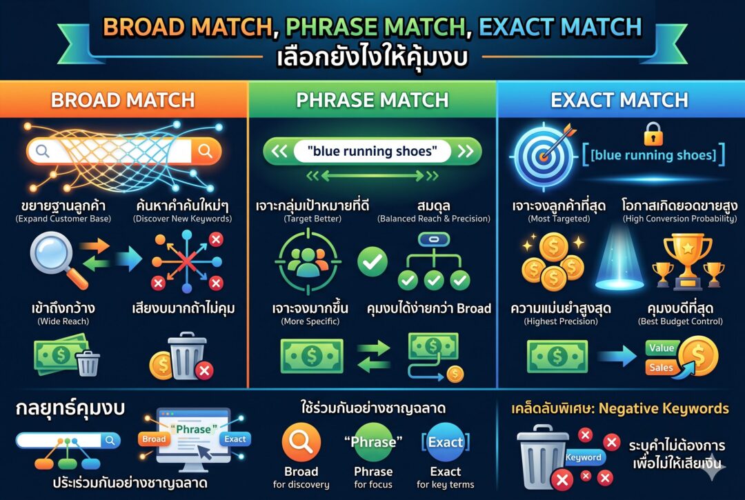 Broad Match Phrase Match Exact Match, โฆษณา Google, การตลาดออนไลน์, เพิ่มยอดขาย, ยิงแอด Google