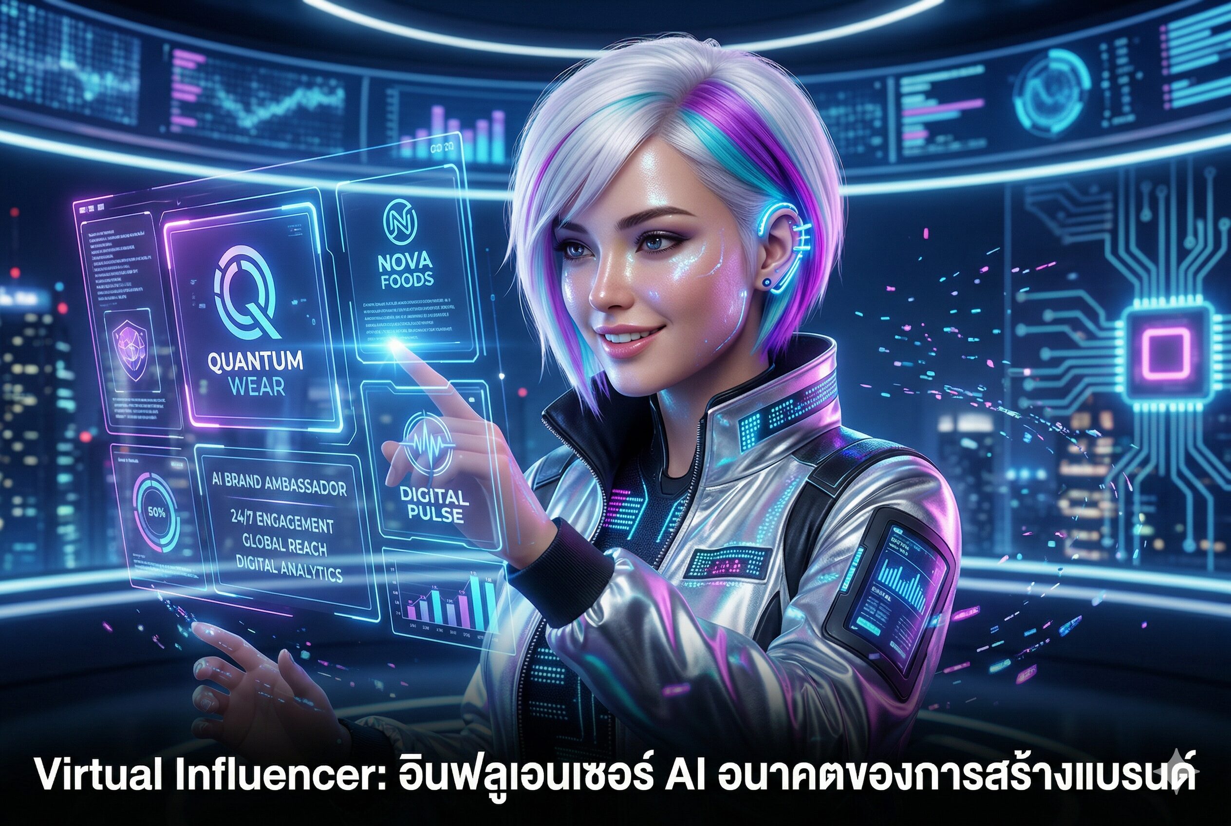 Caption Virtual Influencer อินฟลูเอนเซอร์ AI อนาคตของการสร้างแบรนด์ Virtual Influencer, อินฟลูเอนเซอร์ AI, การตลาดออนไลน์, สร้างแบรนด์, พรีเซนเตอร์