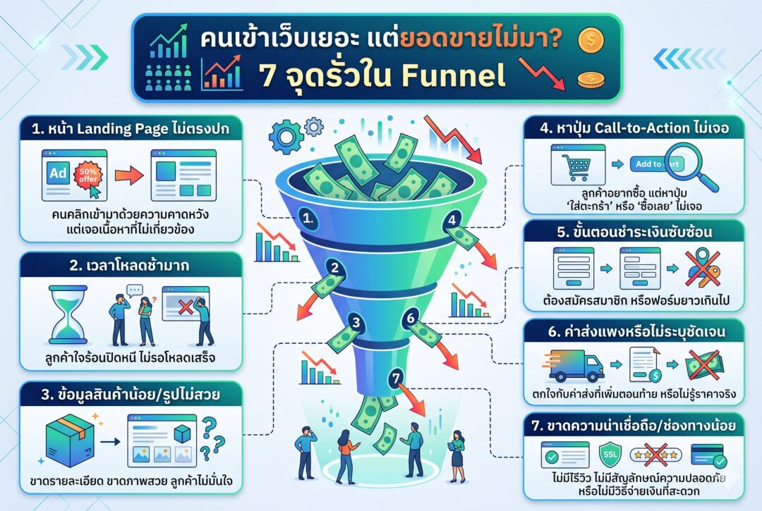 คนเข้าเว็บเยอะ, ทำไมยอดขายไม่มา, จุดรั่วใน Funnel, การตลาดออนไลน์, เพิ่มยอดขาย