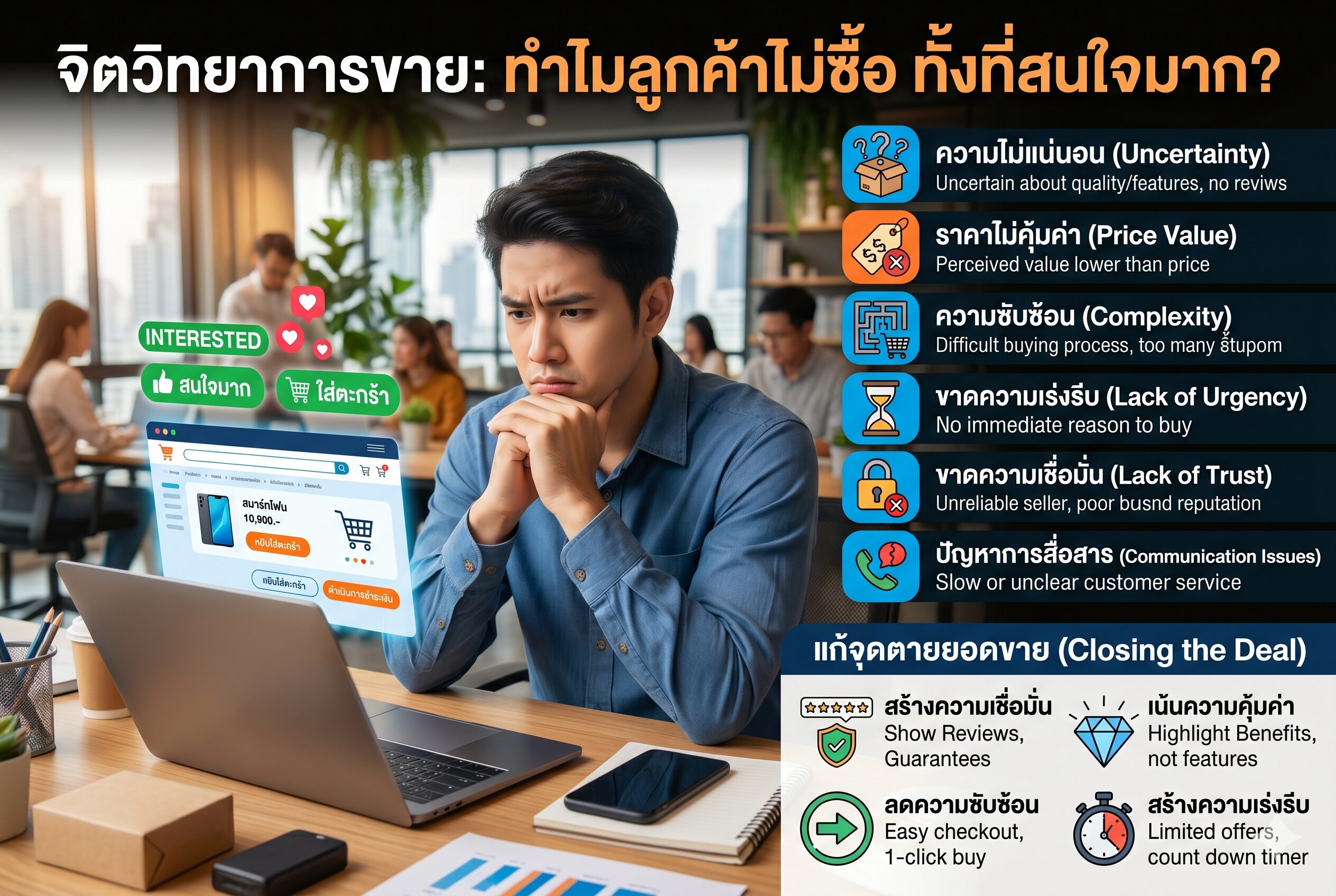 จิตวิทยาการขาย, ลูกค้าไม่ซื้อ, ปิดการขาย, การตลาดออนไลน์, เพิ่มยอดขาย