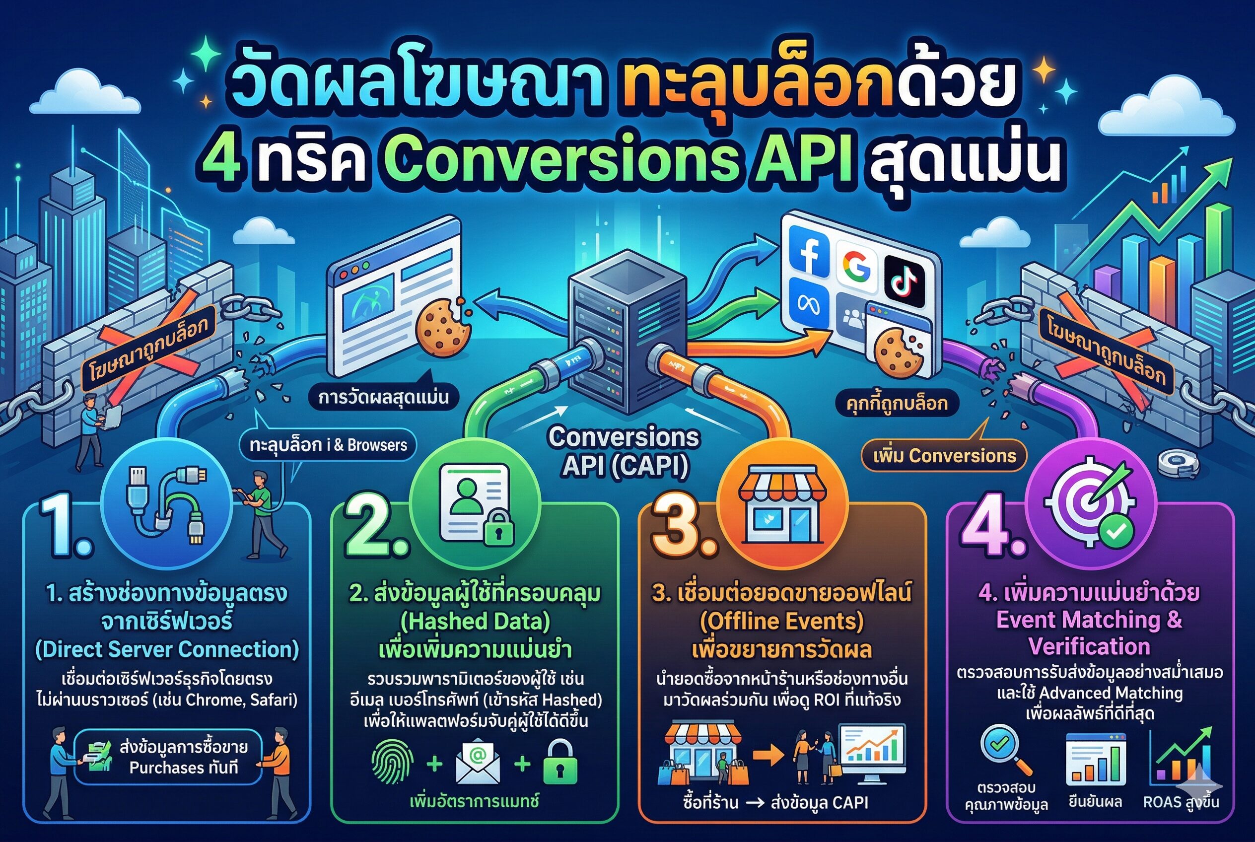 วัดผลโฆษณา ทะลุบล็อกด้วย 4 ทริค Conversions API สุดแม่น วัดผลโฆษณา, Facebook Ads, Conversions API, ยิงแอด, ลดต้นทุน