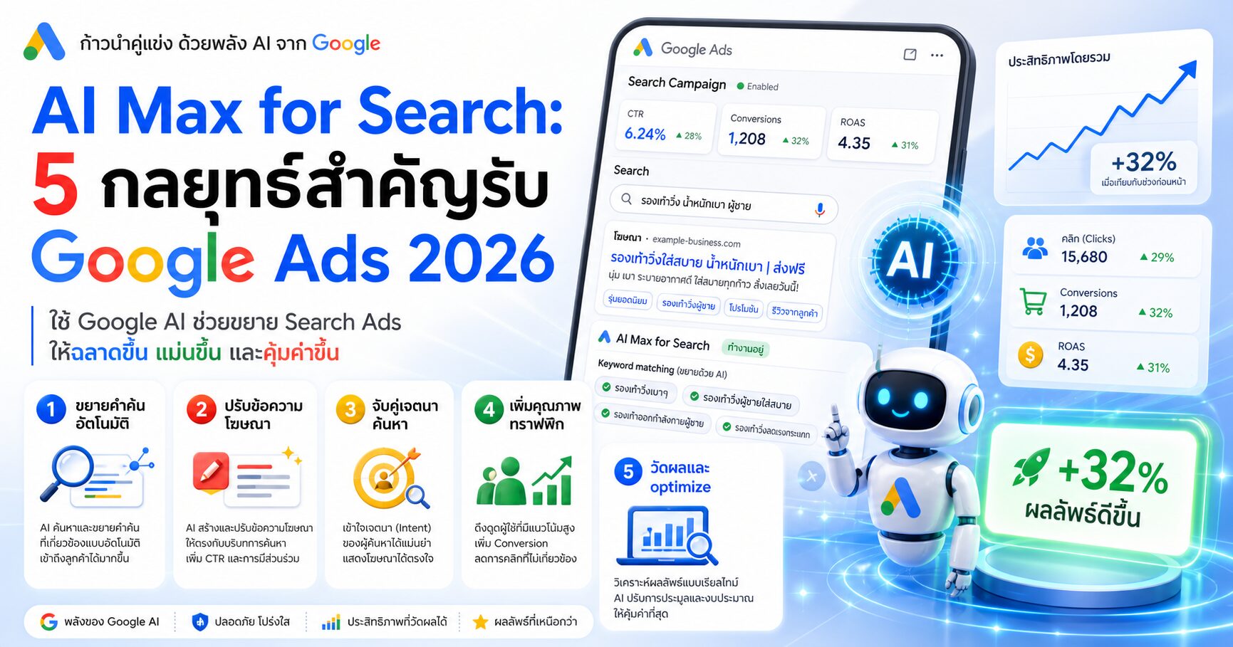 AI Max for Search 5 กลยุทธ์สำคัญรับ Google Ads 2026 AI Max for Search, Google Ads 2026, Search Ads, Google AI Ads, กลยุทธ์ Google Ads, Dynamic Search Ads, Broad Match, Automatically Created Assets, Google Ads AI, การตลาดออนไลน์