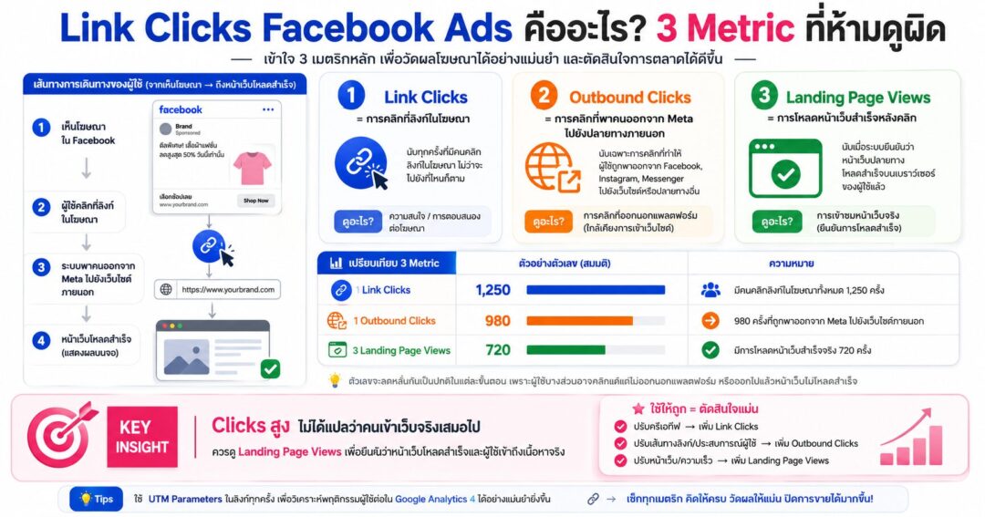 Link Clicks Facebook Ads, Outbound Clicks, Landing Page Views, Facebook Ads, Meta Ads, ยิงแอด Facebook, วัดผลโฆษณา, CTR Facebook Ads, คอร์สยิงแอด, สอนยิงแอด
